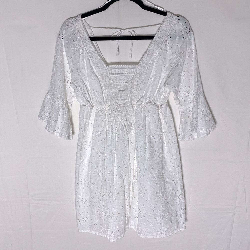 Bila-77 White Cotton Eyelet Half Sleeve W Ruffle Trim Knee Length Dress S